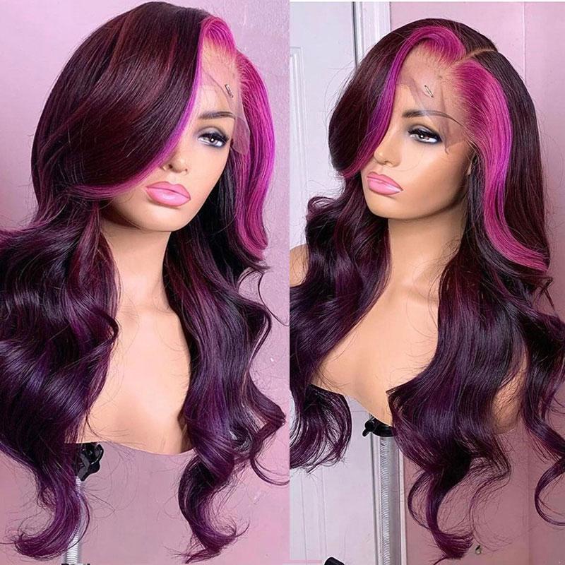 13x4 Lace Frontal Glueless Dark Plum Skunk Stripe Straight Wig