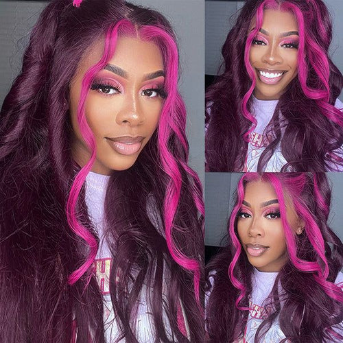13x4 Lace Frontal Glueless Dark Plum Skunk Stripe Straight Wig