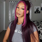 13x4 Lace Frontal Glueless Dark Plum Skunk Stripe Straight Wig