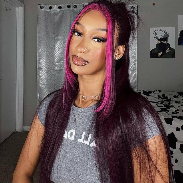 13x4 Lace Frontal Glueless Dark Plum Skunk Stripe Straight Wig