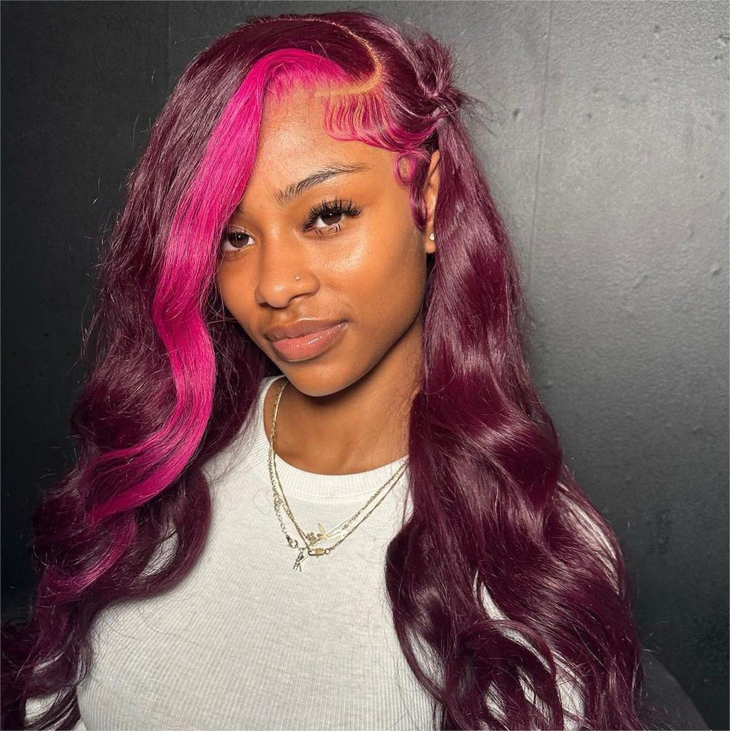 13x4 Lace Frontal Glueless Dark Plum Skunk Stripe Straight Wig