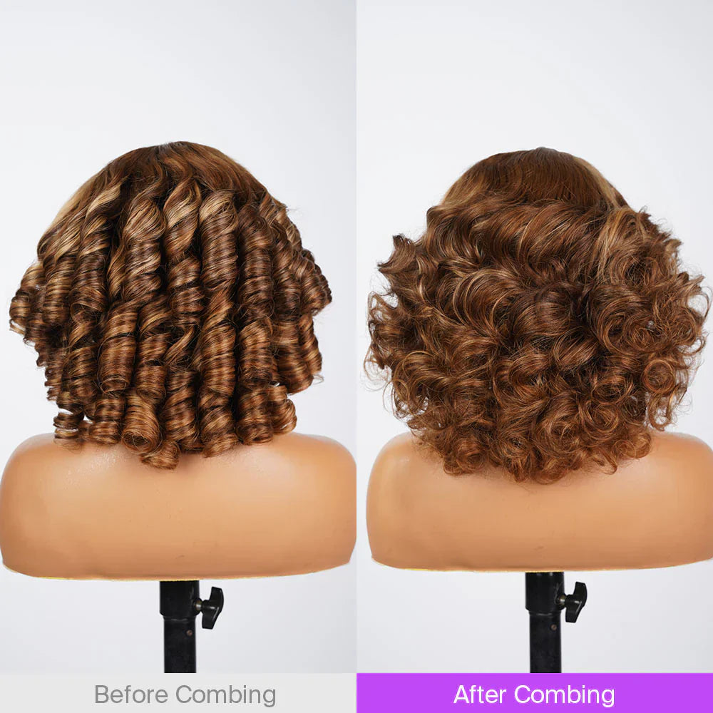 6x5 Glueless Honey Blonde Highlights Bouncy Curl Wig